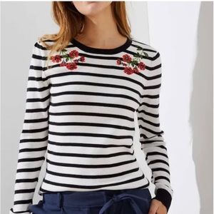 LOFT Black & White Striped Crewneck Sweater with Red Floral Embroidery